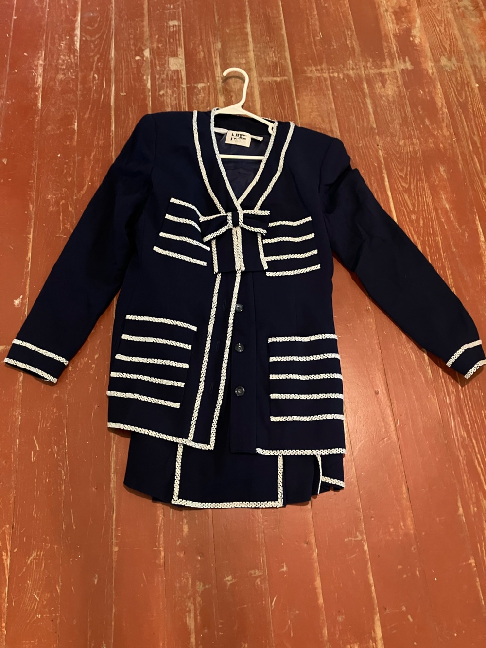 Navy and White Beaded Trim Two-Piece Dress Set with Bow - Unbranded
